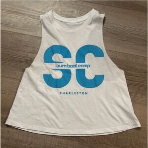 Burn Boot Camp Crop Racerback White w/ blue lettering. Gently used, see images.